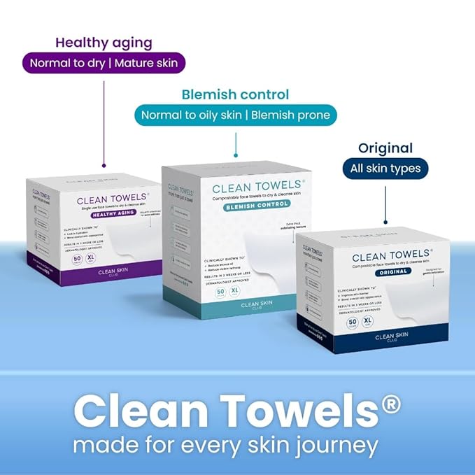Clean Skin Club Clean Towels XL®, 100% USDA Biobased Face Towel, Disposable Face Towelette, Eczema Association Accepted, Makeup Remover Dry Wipes, Ultra Soft, 1 Pack, 50 Ct
