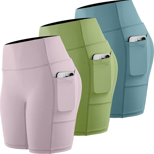 CADMUS Women's High Waist Spandex Yoga Shorts for Bike Running Two Side Pockets