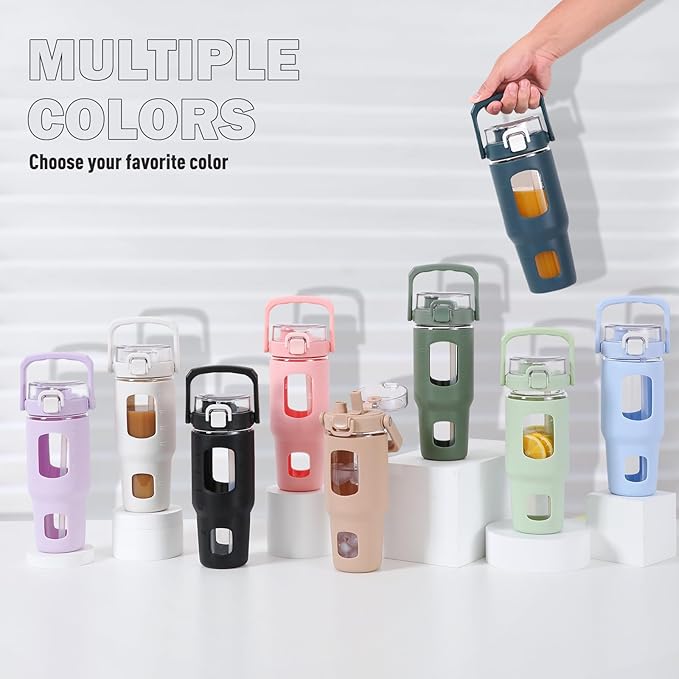 BLUEGO 32oz Glass Tumbler with Lid and Handle, Iced Coffee Cup with Straws, Glass Water Bottle with Silicone Sleeve and Volume, Marker Glass Cup with Time Marking, BPA Free, Black