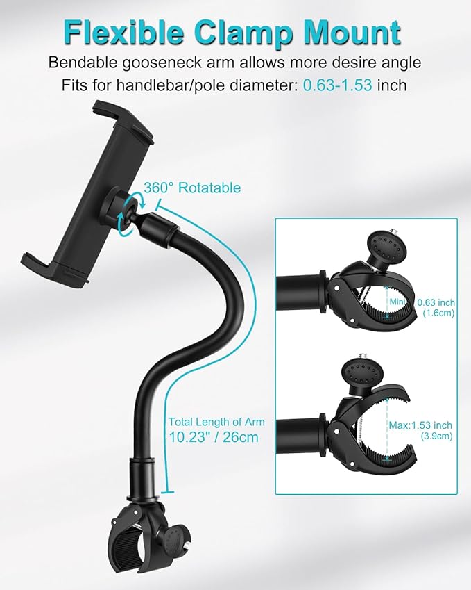 Gooseneck Indoor Cycling Tablet Mount, Spin Bike Tablet Holder for Stationary Treadmill Elliptical, 360° Rotation Handlebar Clamp for iPad Pro Mini Air, Galaxy Tab/Z Fold, iPhone,4-12.9" Device