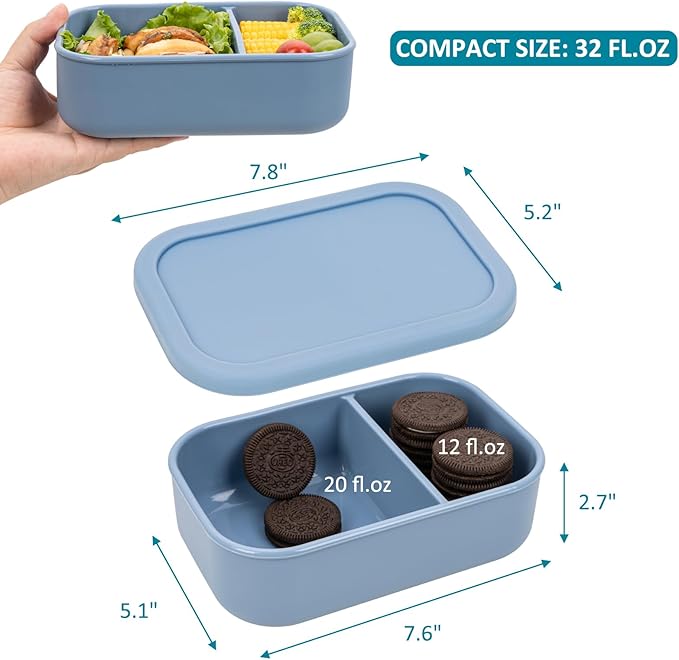 100% Silicone Bento Box Adult with 2 Compartments, 32oz, Reusable Divided Lunch Box Meal Prep Containers for Entree and Side Food Snack Storage, BPA-Free Plastic-Free, Microwave Dishwasher safe, Blue