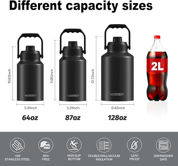 1 Gallon Water Bottle Insulated(Cold for 48 Hrs),BPA Free&Leak Proof,128oz Stainless Steel Water Jug with Handle for Gym,Hiking,Camping&Travel,Black Large Thermo