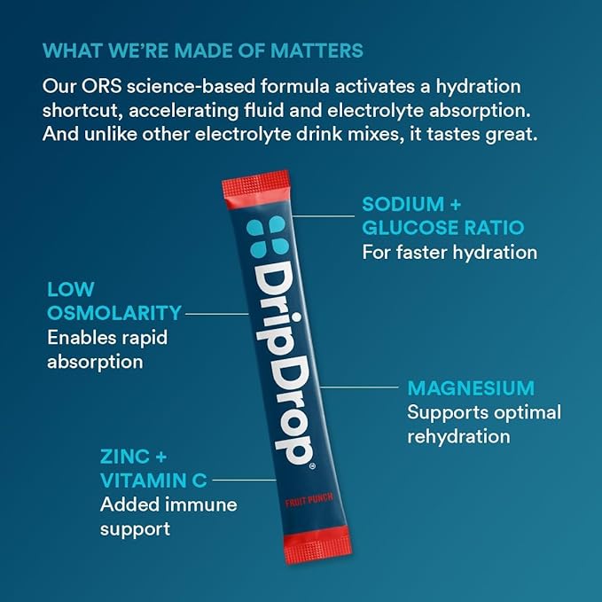 DripDrop Hydration Packets - Fruit Punch - Single Serve Electrolytes Powder Drink Mix - Non-GMO, Gluten Free, Vegan - 32 Sticks