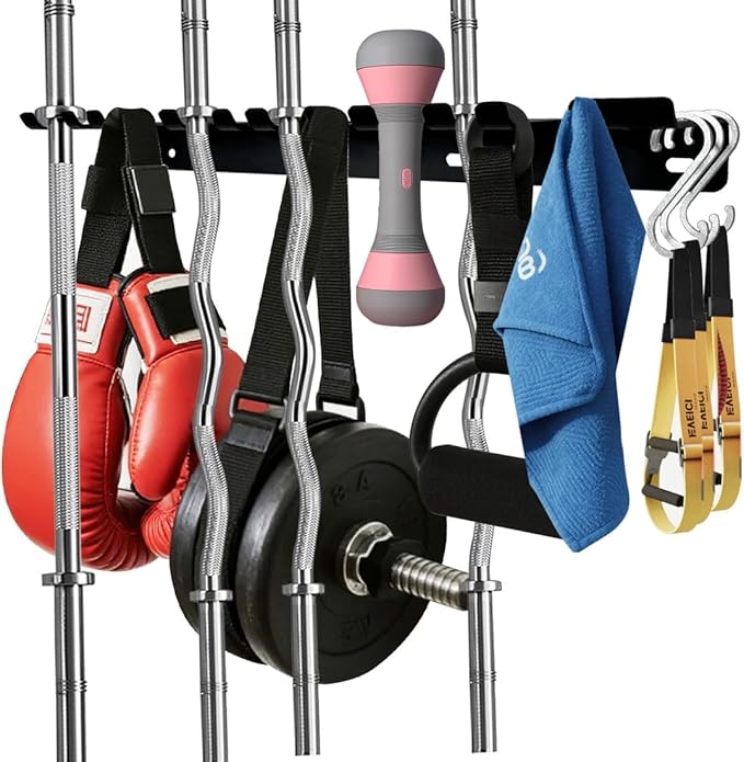 2-Tier Black Barbell Wall Rack + Dual-Mounted Vertical Olympic Barbell Wall Rack .（3 Hooks）. dumbbell rack.Concrete/Wood Screws.(not for 16-inch center walls)