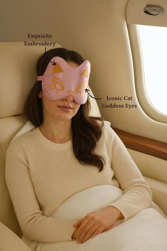 Silk Sleep Mask Blindfold Eye Mask for Sleep Cute Cat Print Embroidered Eye Cover Adjustable Oversized Egyptian Bastet with Gift Box&Pouch（Hathor Blush-Adjustable Strap）