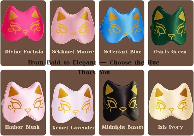 Silk Sleep Mask Blindfold Eye Mask for Sleep Cute Cat Print Embroidered Eye Cover Adjustable Oversized Egyptian Bastet with Gift Box&Pouch（Kemet Lavender-Adjustable Strap）