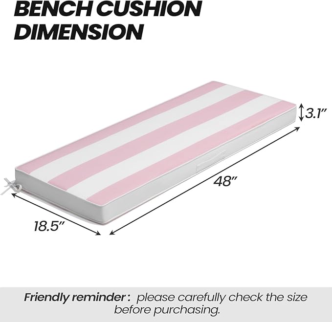 Crestlive Products Outdoor Bench Cushion 48 x 18 Inch, Waterproof Patio Bench Cushions for Outdoor Furniture, Porch Swing Replacement Pad with 30D Foam, Adjustable Straps, Pink White Stripe