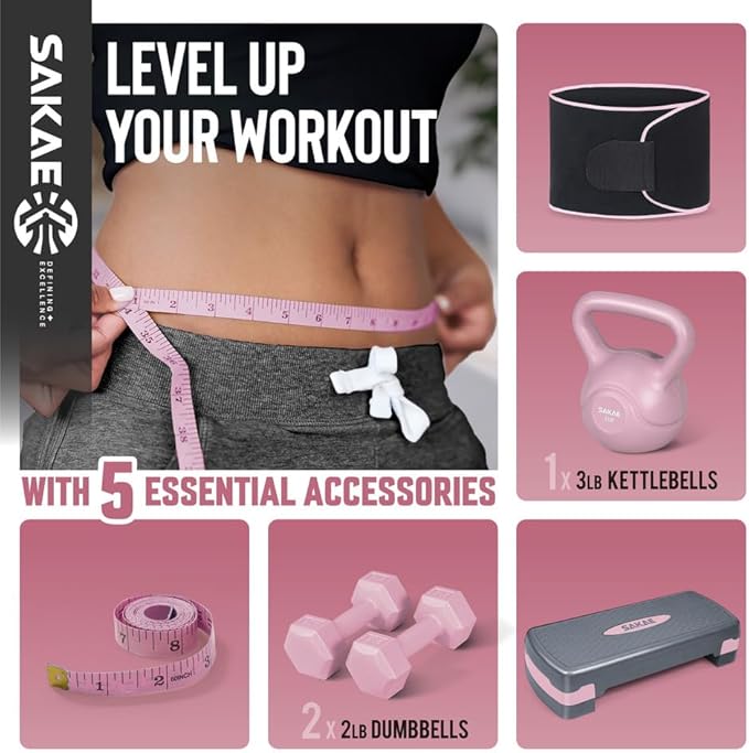 Adjustable Height Aerobic Stepper Set, Multiple Bundle Options with Dumbbells, Kettlebell, Waist Trimmer, Ankle Weights or Weighted Vest, Workout Exercise Step Platform w/Level Risers, 4 Colors