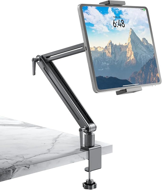 Jakeko Adjustable Tablet Mount for Desk - 360 Degree Rotating Base Tall Arm Holder Stand Swivel Flexible Clamp Soporte para Tablet/Portable Monitor/Ebook