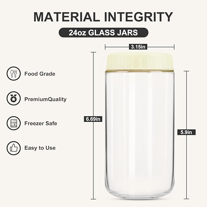 Overnight Oats Containers with Lids, 24oz Glass Jars with Lids 4 pcs, Milk White, Wide Mouth Mason jars for Salad, Yogurt, Snacks, Meal Prep