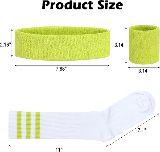 ONUPGO 5 Pieces Sweatbands Striped Socks Set Sports Headband Wristbands High Tube Socks 80s Accessories Costumes