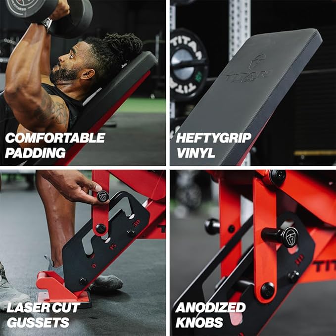 Titan Fitness TITAN Series Adjustable Bench, Supports 600 LB Incline, 1,000 LB Flat, Versatile Single Post Utility Workout Bench for Home Gym, Weightlifting, Strength Training