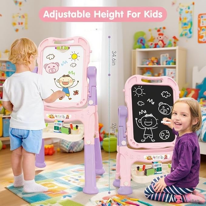 Amagoing Easel for Kids, Adjustable Standing Art Easel for Toddler, Double Side White Chalk Board with Painting Accessories, Birthday Christmas Gift for Little Girls and Boy Age 3 4 5, Pink