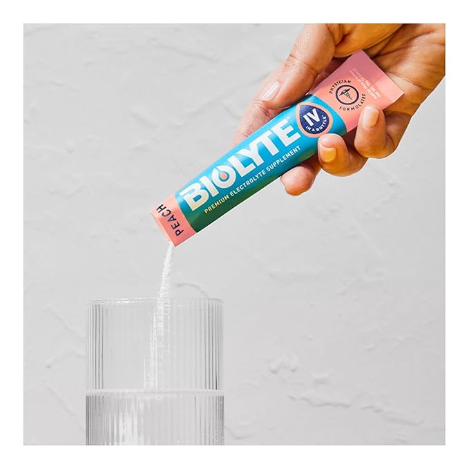 BIOLYTE IV Electrolyte Powder Packets, IV Liquid Drink Mix for Water, Doctor-Developed Hydration, Approved Dehydration Relief, Chemotherapy Must Haves for Women & Men - Peach (16 Sticks)