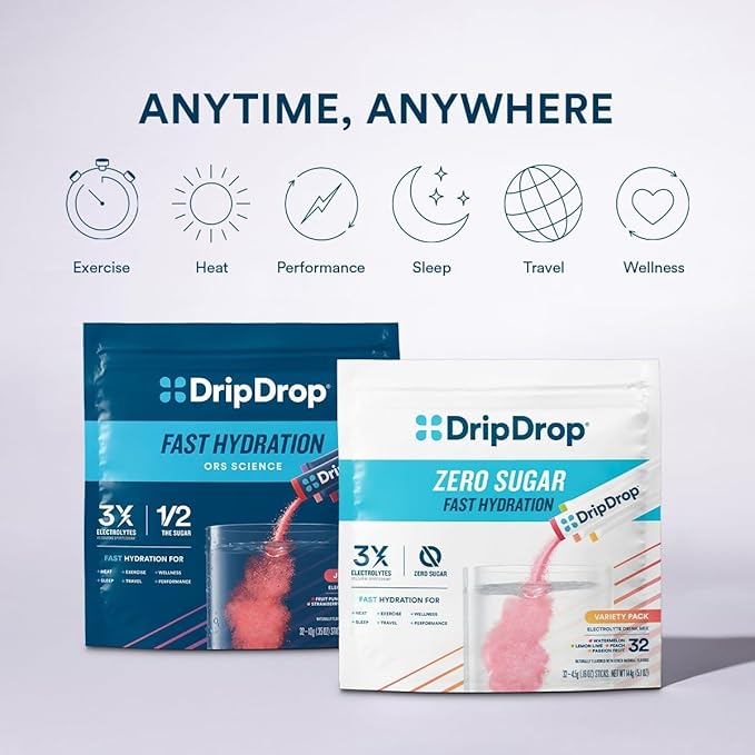 DripDrop Sugar Free Hydration Packets - Zero Classic Variety Pack - Single Serve Electrolytes Powder Drink Mix - Lemon Lime, Watermelon, Peach, Passion Fruit - Non-GMO, Gluten Free, Vegan - 16 Sticks