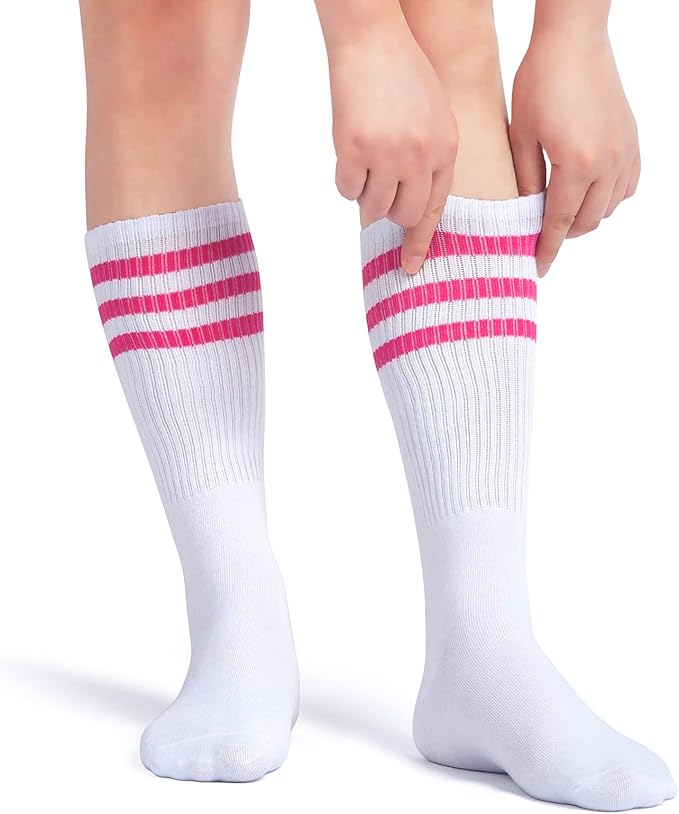 ONUPGO 5 Pieces Sweatbands Striped Socks Set Sports Headband Wristbands High Tube Socks 80s Accessories Costumes