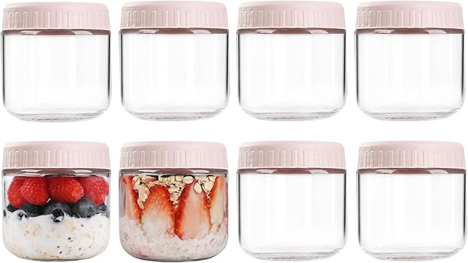 Overnight Oats Containers with Lids, 10oz Glass Jars with Lids 8 pcs, Pink, Wide Mouth Mason jars for Salad, Yogurt, Snacks, Meal Prep