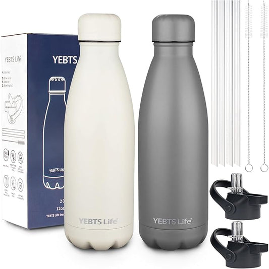 Insulated Water Bottle, 2 Pack-12oz Stainless Steel Water Bottles with straw lid, Metal Sports Water Bottles for Boys,Girls, Double Wall Vacuum BPA-Free Flask for Sports (Grey&Cream white)