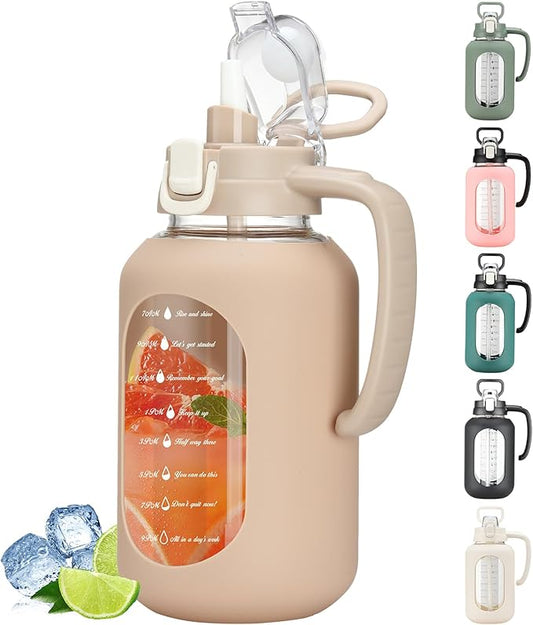 64 oz Glass Water Bottle with Straw and Handle Half Gallon Water Jug with Silicone Sleeve Large Water Bottle for Office, Gym, Outdoor Sports
