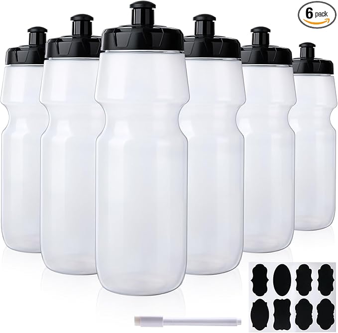 6 Pack 25 oz Sports Water Bottles Sports and Fitness Squeeze Water Bottles BPA Free come with 8 pcs Chalk Labels, 1 Pen(Dishwisher Safe)