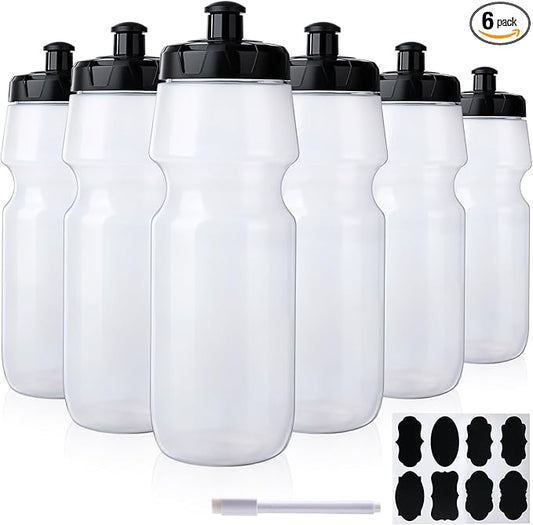 6 Pack 25 oz Sports Water Bottles Sports and Fitness Squeeze Water Bottles BPA Free come with 8 pcs Chalk Labels, 1 Pen(Dishwisher Safe)