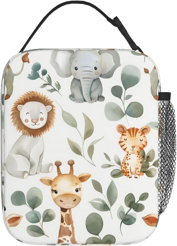 Jungle Animal Polyester Lunch Box for Kids Teen,Cute Reusable Thermal Lunch Bag for Adult Women,Cartoon Insulated Tote Cooler Bags for School,Work,Picnic,Travel,Safari Theme