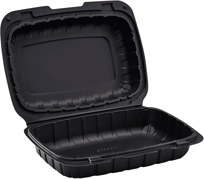 KARAT EARTH Clamshell Take Out Food Containers [9"x6" - 250 ct] To Go Containers | Microwavable, Freezer Safe, Soak-Resistant, Durable, Stackable | Vented for Hot/Cold Foods, Black
