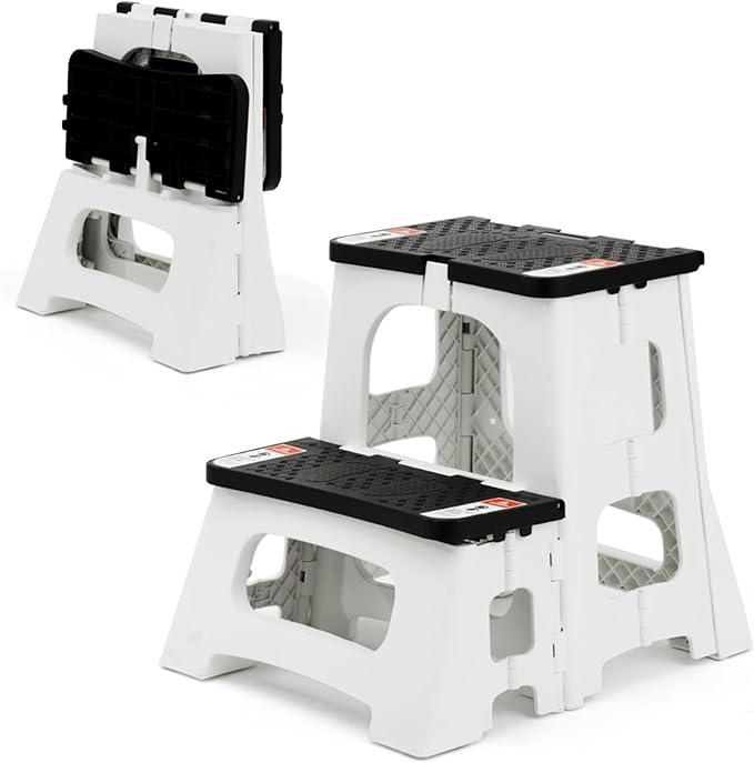 Folding 2-Step Stool - Upgraded Stable A-Frame, Safety Lock, Anti-Slip Rubber Feet, 300lb Capacity, No Assembly - 8" 17" Step Stools for Kitchen, Bathroom, Bed, RV, Home, Office (Panda)