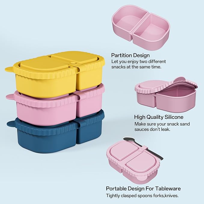 3 Pack Silicone Snack Containers with Lids – Reusable Double Compartment Snack Box, 8oz Mini Food Storage Containers for Sauce, Dip, Salad – Portable, Dishwasher & Microwave Safe