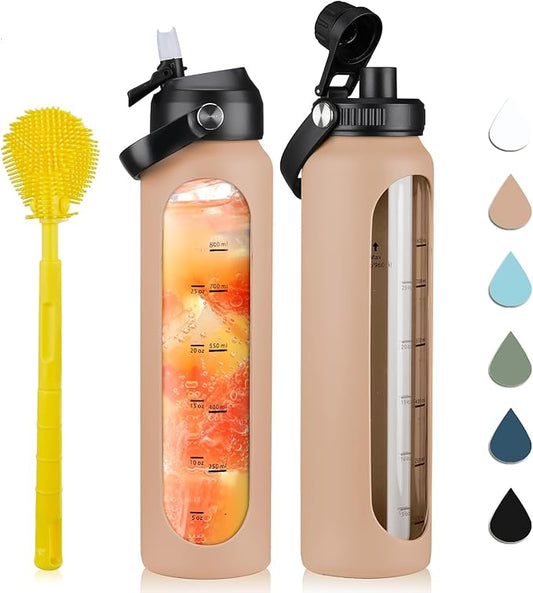 32 oz Glass Water Bottles with 2 Lids-Handle Spout Lid & Straw Lid 1 Liter Motivational Borosilicate Water Bottle with Silicone Sleeve and Time Marker,Leakproof