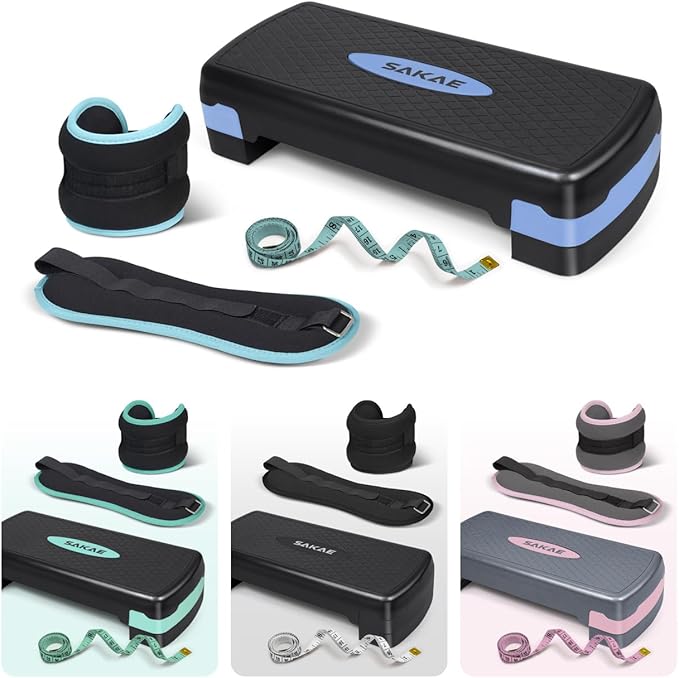 SAKAE Exercise Step Platform Set with Ankle Weights & Measuring Tape, Adjustable Height 2 Level Risers Workout Step Trainer, Aerobic Steppers for Home Gym Exercise Fitness Workout, Multiple Colors