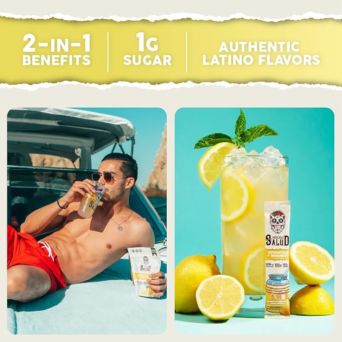 Salud 2-in-1 Hydration Packets + Immunity Electrolytes Powder, Lemonade - Agua Fresca Drink Mix, Elderberry, Dairy & Soy Free, Non-GMO, Gluten Free, Vegan, Low Calorie, 1g Sugar (15 Servings)