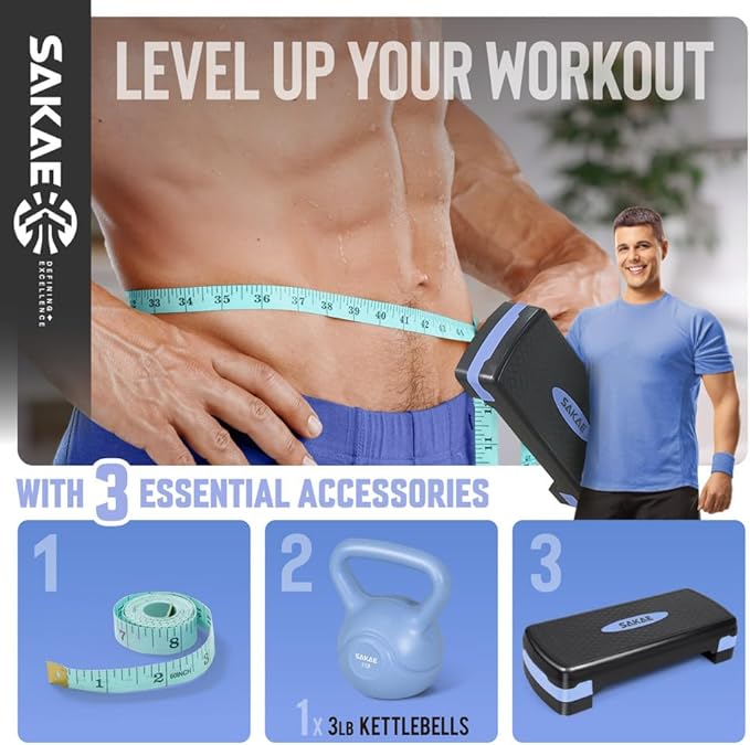 SAKAE Step Aerobics Platform Set with Kettlebell & Measuring Tape, Aerobic Steppers for Exercise at Home, Adjustable Height 2 Level Risers Workout Step Trainer with Non-Slip Surface, Multiple Colors