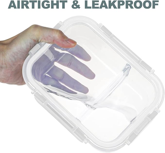 KOMUEE 10 Packs 30oz Glass Meal Prep Containers 2 Compartments,Glass Food Storage Containers with Lids,Airtight Lunch Bento Boxes,Oven,Freezer and Dishwasher Safe, White