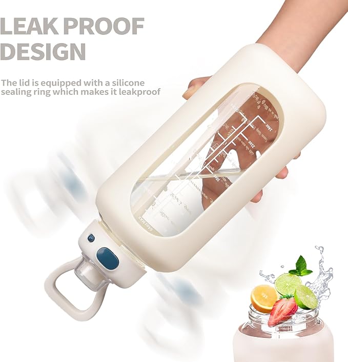 SIEROZUR 42 oz Glass Water Bottle with Straw and Handle, Large Sports Motivational Water Bottle Flask with Time Marker Leakproof Water Jug with Silicone Sleeve for Gym