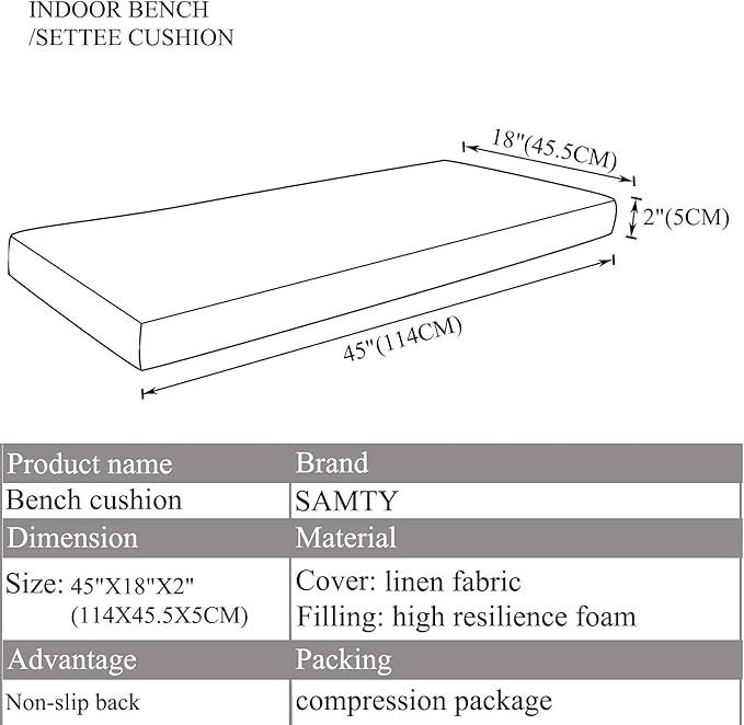Bench Seat Memory Foam Chair Pads Non-Slip Rubber Back Indoor Swing/Settee Cushion 45 x 18 inch