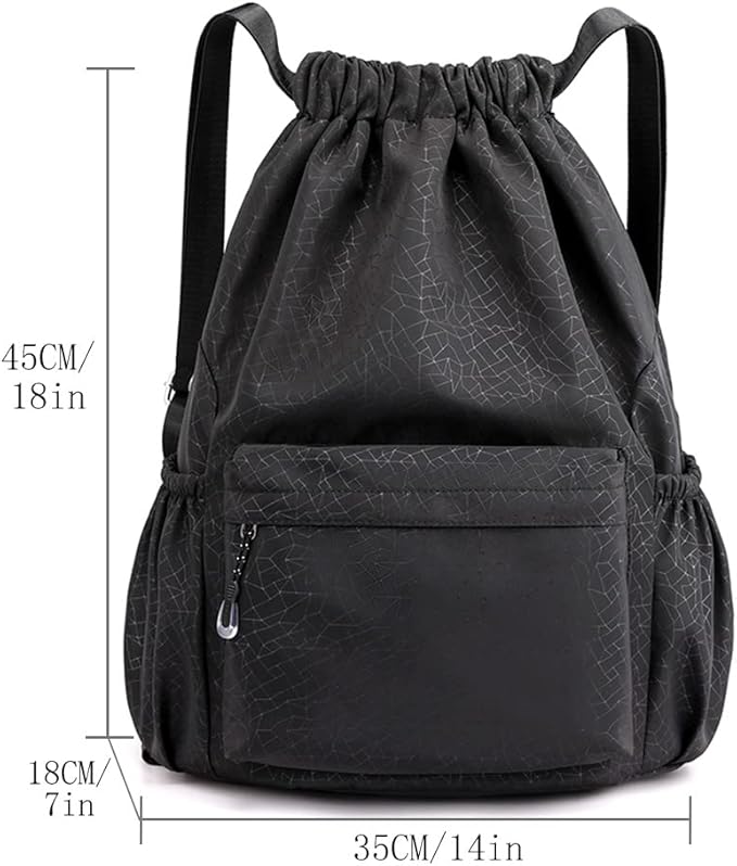 HOLYLUCK Drawstring Backpack Sports Gym Bag Water Resistant String Bag Cinch Sackpack with Side Zipper Pocket for Shopping Sport Yoga -black