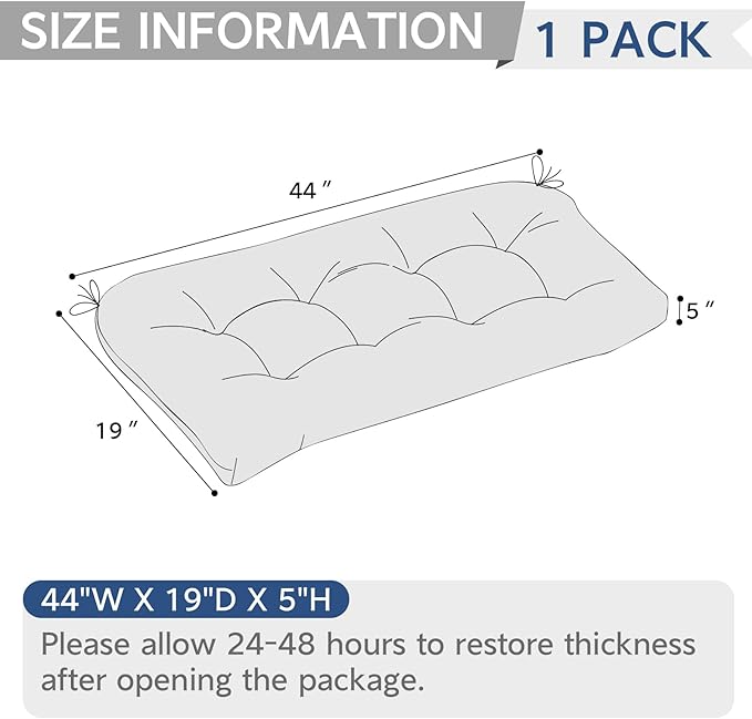 Tufted Bench Cushion for Outdoor Furniture, Patio Swing Cushion 44 x 19 x 5 Inch, Overstuffed Outdoor Chair Cushion for Garden Loveseat Lounge Storage, 1 Pack, Leaves Ink Blue