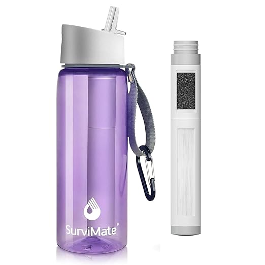 Survimate 5-Stage 0.01μm Ultra-Filtration Filtered Water Bottle, BPA-Free Material, NSF/ANSI 42&372 Certified, Portable Water Filter Bottle for Survival, Camping, Hiking, and Emergency Use