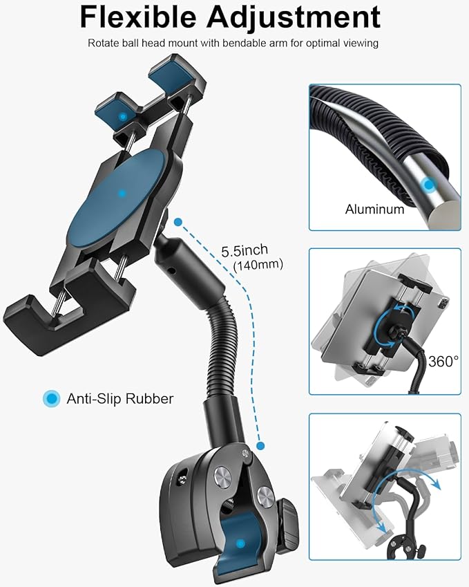 Gooseneck Bike Tablet Mount, Bike Holder - Adjustable Arm Tablet Holder for Motorcycle, Bicycle Scooter Handlebar Clamp, Compatible with iPad Pro Air Mini, Galaxy Tabs, Z Fold, iPhone, 4.7-13" Devices