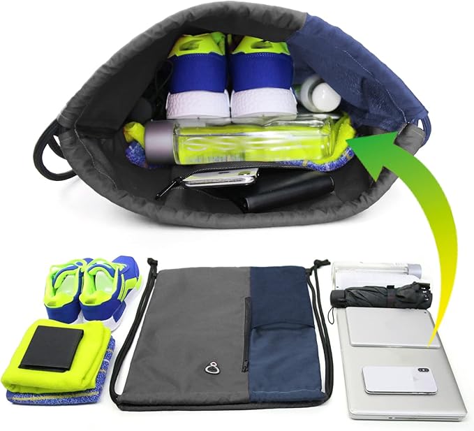 BeeGreen Grey Drawstring Backpack Sports Gym Bag For Women Men Large Draw String Bags Pack With Zipper and Water Bottle Mesh Pockets Workout Bag
