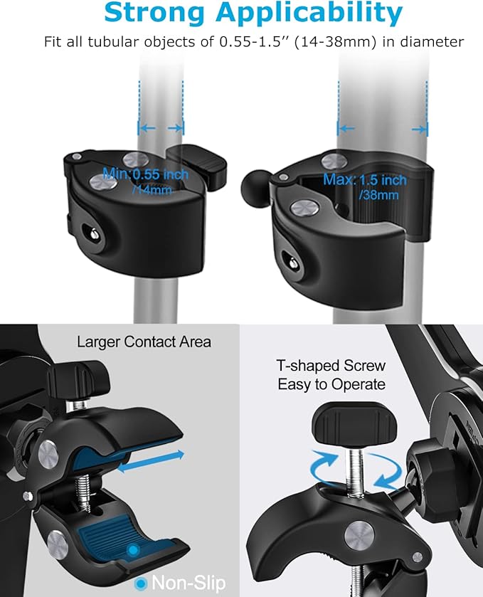 Bike Handlebar iPad Holder for 9.5-14.5" Tablets, Universal Fit, 360 Rotation, Black