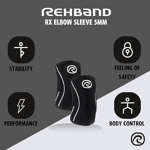 Rehband Elbow 5mm Compression Sleeve, Neoprene Elbow Sleeves for Weightlifting, Anatomical Design, Non-Slip & Close Fitting, Elbow Support Unisex, Colour:Black - 1 Pair, Size:X-Small