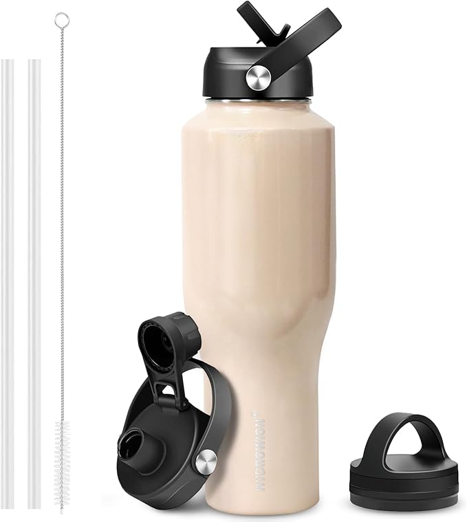 HYDROWION 40 oz Insulated Water Bottle with Straw fit in Car Cup Holder(Cold 48 hrs, Hot 24 hrs) Drinking Bottle with Straw Lid, Spout Lid and Flex Cap Leakproof Travel Thermo Mug，Laser Pink