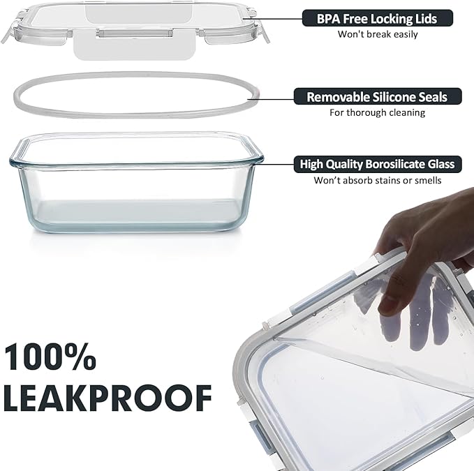 VERONES 30 Pieces Glass Meal Prep Containers Set, Stackable Glass Food Storage Containers with Lids-Airtight Lunch Containers，for Microwave, Oven, Freezer & Dishwasher,White