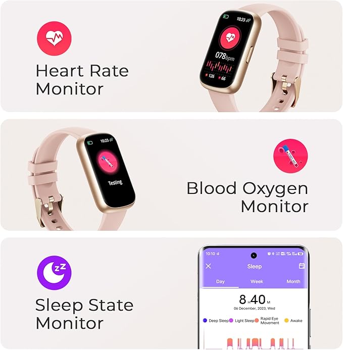 Fitness Tracker for Women Men, Smart Watch Band with 24/7 Heart Rate Blood Oxygen Sleep Monitor, Calories Step Tracker Pedometer 3ATM Waterproof Activity Tracker for Android iOS, Pink