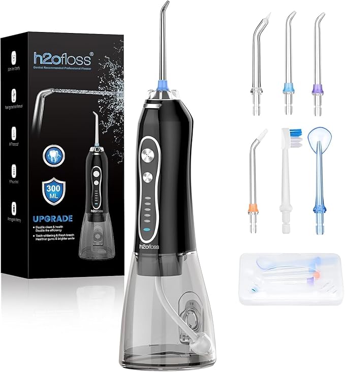 H2ofloss Water Dental Flosser Teeth Pick -Portable Oral Irrigator with 5 Modes, Rechargeable IPX7 Waterproof Orthodontic Teeth Cleaner Pick Cordless for Home Travel-300ml Water Tank