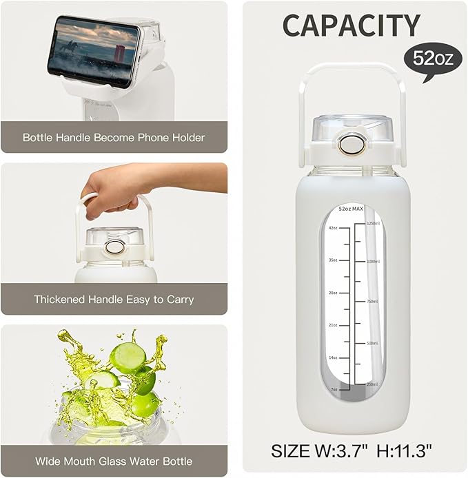 42oz/52oz/64oz Glass Water Bolttles with Straw Half Gallon Large Motivational Water Bottle with Time Marker Sports Water Bottles with Silicone Sleeve and Handle Lid Water Jug for Gym Workout