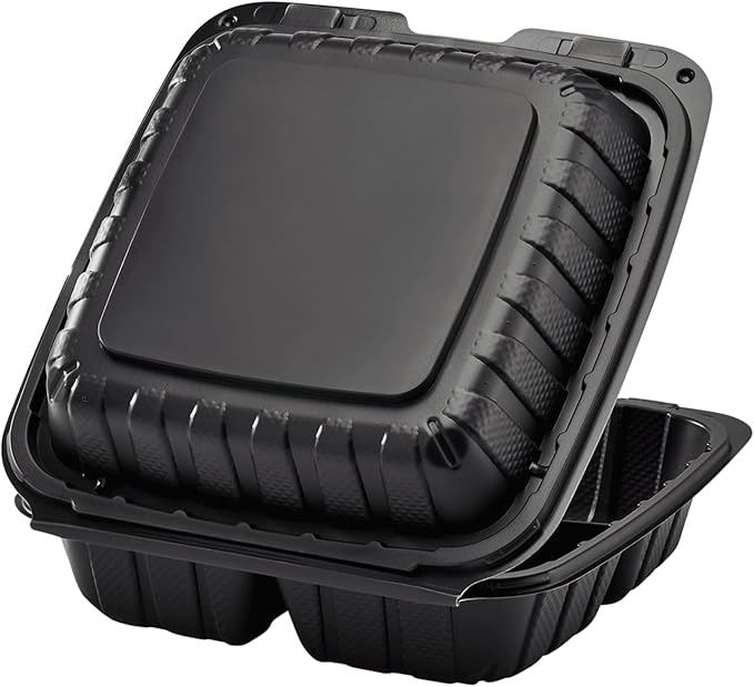 KARAT EARTH Clamshell Take Out Food Containers [8"x8" - 200 ct] To Go Containers | 3 Compartment, Soak-Resistant, Durable, Stackable | Vented for Hot/Cold Foods, Black