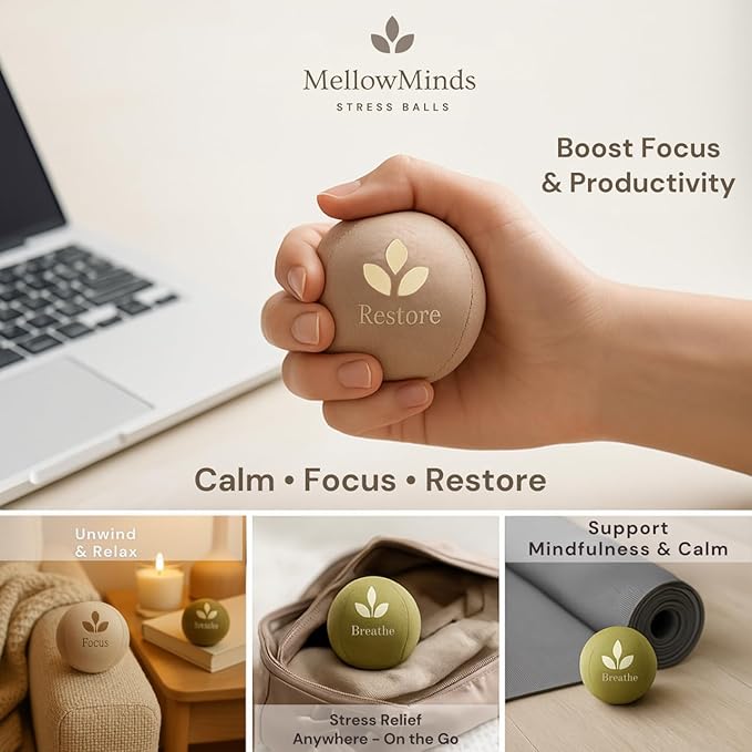 MellowMinds Stress Balls for Adults – 3-Pack Therapy & Sensory Balls for Stress Relief, Lycra + TPR, Anxiety & Focus – Calming Fidget Balls with 3 Resistance Levels – Giftable Set for Office & Home
